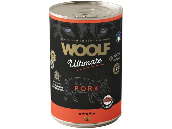 Woolf Ultimate Wet Food, Maiale con olio di lino, 400g