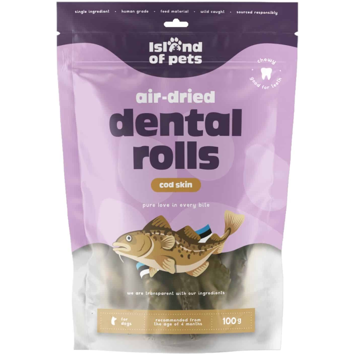 Island of Pets, Rotoli dentali di pelle di merluzzo essiccati all'aria, 100g