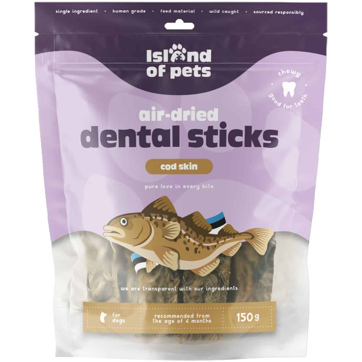 Island of Pets, Bastoncini dentali di pelle di merluzzo essiccati all'aria, 150g
