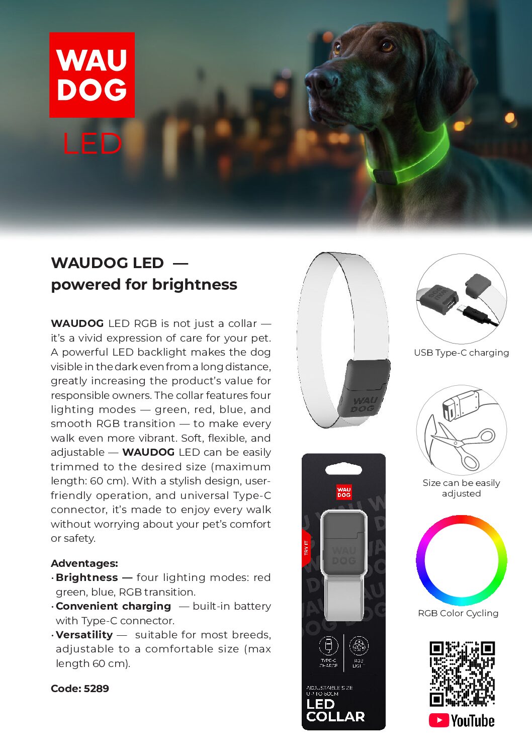 Collare luminoso per cani WAUDOG LED, RGB, Type-C, regolabile, larghezza 25 mm, lunghezza 60 cm - immagine 5